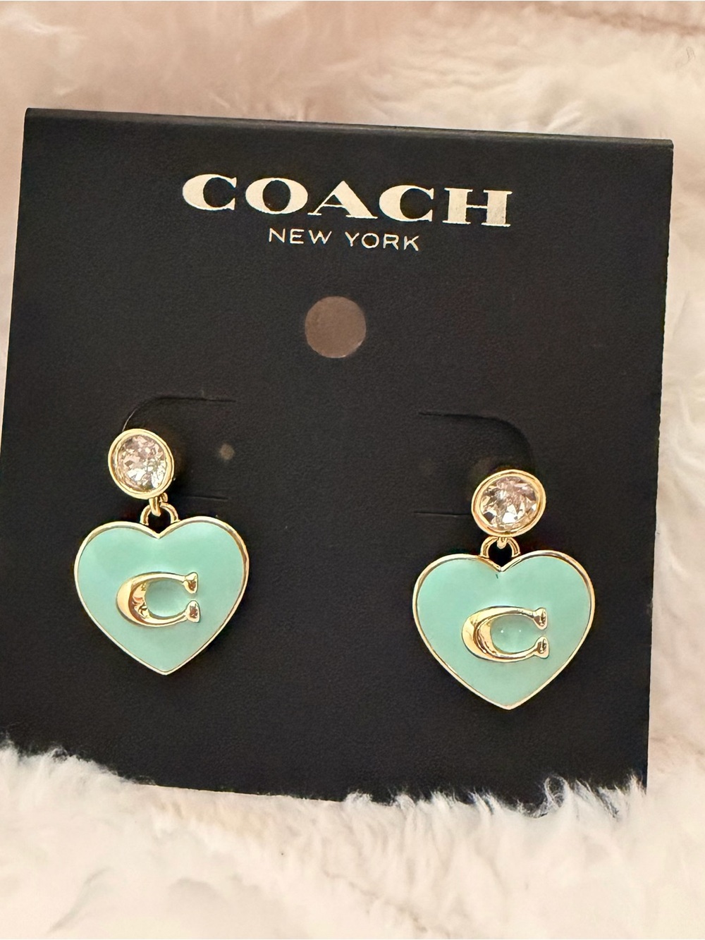 NWT Coach Mint Enamel Signature C Heart Drop Earrings